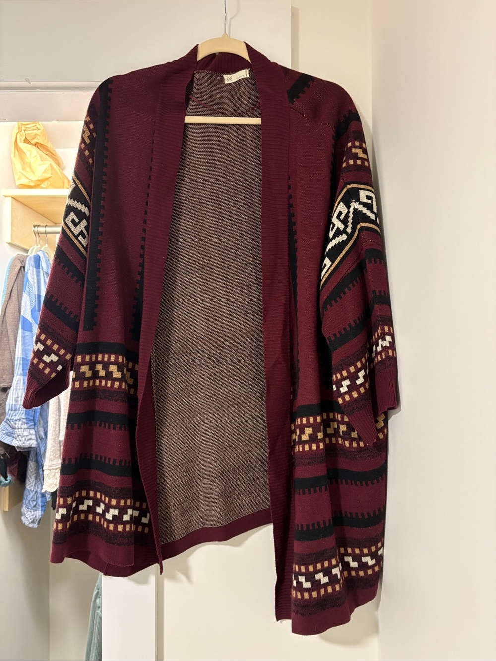 Women's Burgundy Aztec Open-Front Sweater Cardigan